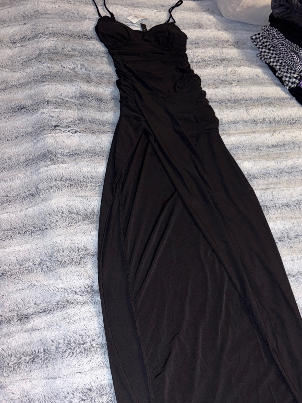 NWT Windsor Sleek Black Ruched Maxi Dress with Spaghetti Straps & slit